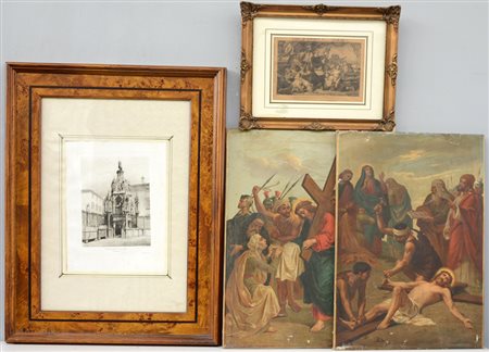 Lotto composto da una litografia raffigurante la tomba degli Scaligeri a...