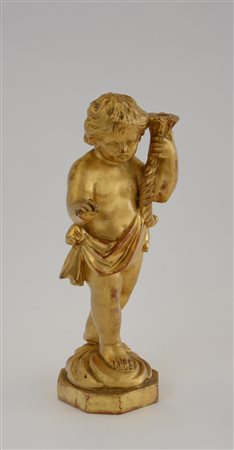 Arte del sec. XIX. Scultura in legno dorato raffigurante putto reggitorcia (h...