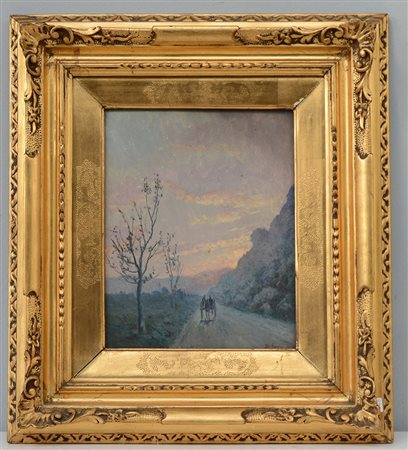 "Viale montano con carretto", olio su compensato (cm 30x24) firmato Di Fazio...