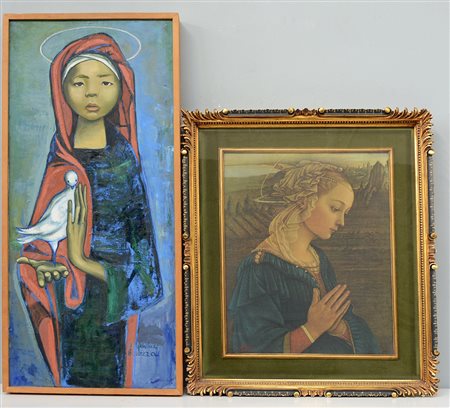 Lotto composto da un dipinto ad olio raffigurante una santa con colomba, e...