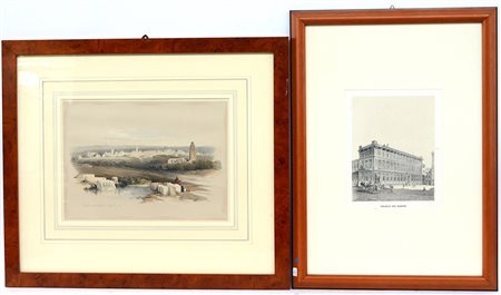 Lotto composto da due stampe diverse raffiguranti paesaggio e scorcio di...