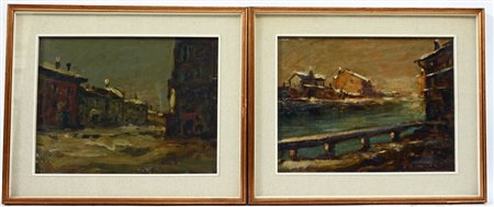 Firma indecifrata. Coppia di olii su cartone pressato raffiguranti scorci...