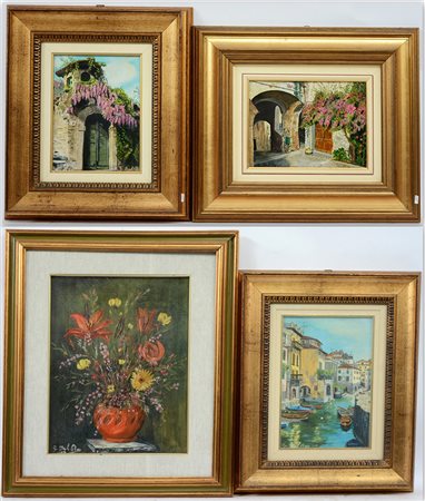 Giuseppe Dal Bo Lotto di quattro dipinti ad olio raffiguranti fiori e scorci...