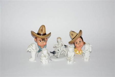 Manifatture diverse del sec. XX, lotto di sette sculturine in porcellana e...