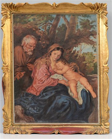 Ignoto "Sosta dalla fuga in Egitto" olio su tela (cm 84x60) in cornice