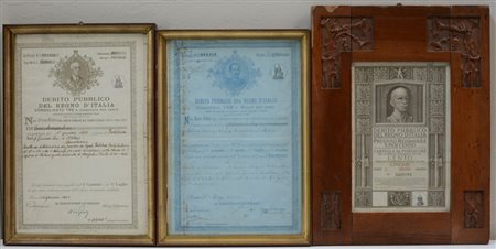 Lotto composto di tre titoli del debito pubblico del Regno d'Italia (cm...