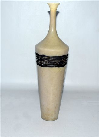 Vaso a balaustro in ceramica craquele color grigio con fascia scura e...