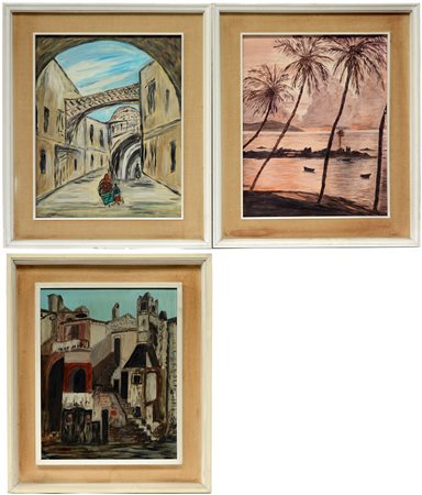 Lotto di tre dipinti ad olio su tela raffiguranti paesaggi, autori e misure...