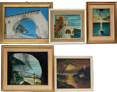 Lotto composto da cinque dipinti ad olio di autori, soggetti e misure...