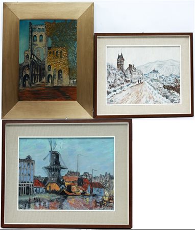 Lotto di tre dipinti ad olio di soggetti, autori e misure diverse, in cornici...