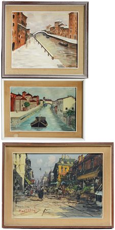 Lotto di tre dipinti ad olio raffiguranti scena di mercato e scorci del...