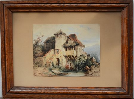 Ignoto "Paesaggio con mulino" acquerello (cm 20x26) in cornice (lievi difetti)