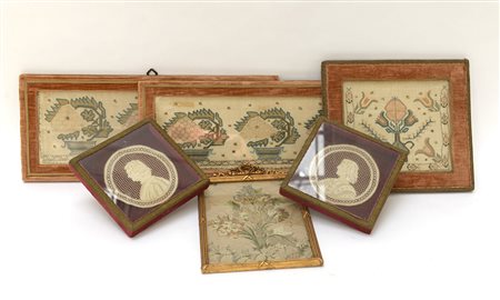 Lotto composto da un ricamo in seta con soggetto floreale, tre pannelli...