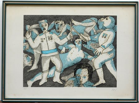 Enrico Baj (Milano 1924 - Vergiate 2003) "Duello tra soldati"1972, acquaforte...