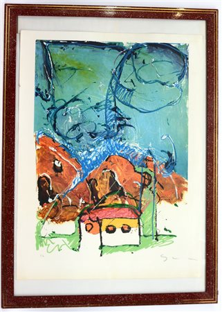 Mario Schifano (Homs 1934 - Roma 1998) "Composizione con chiesa", litografia...