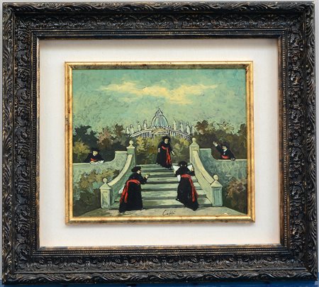 Nino Caffè (Alfedena 1909 - Pesaro 1975) "Pretini sulla scalinata" 1969, olio...