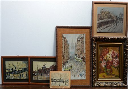 Lotto composto da nove dipinti ad olio di autori, misure e soggetti diversi,...