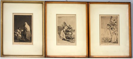 Lotto di tre riproduzioni da Francisco Goya, in cornici (difetti)