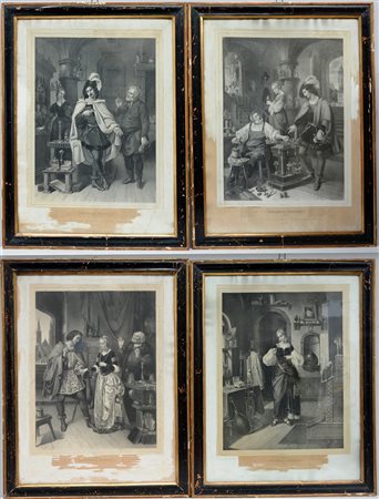 Gruppo di quattro incisioni del sec. XIX con scene d'interno (cm 69x52) in...