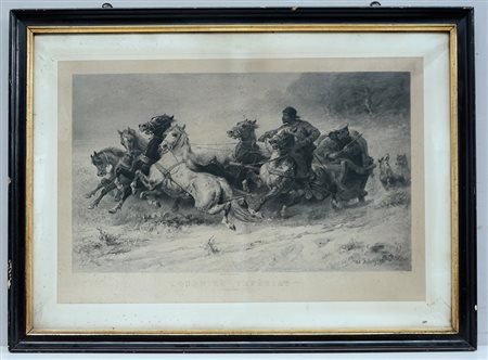 Incisione del sec. XIX raffigurante corriere imperiale (cm 62x96) in cornice...