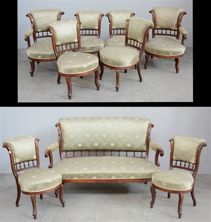 Fornitura da salotto composta da sei sedie, due poltrone e un divano di forma...