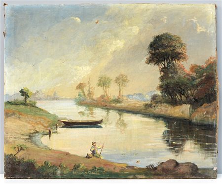 Ignoto fine sec. XIX "Paesaggio fluviale con pescatore" olio magro su tela...