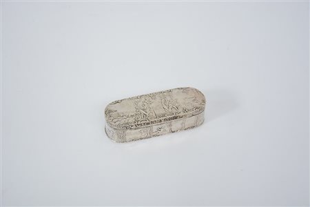 Scatola con coperchio di forma ovale decorata con scene bucoliche. Olanda,...