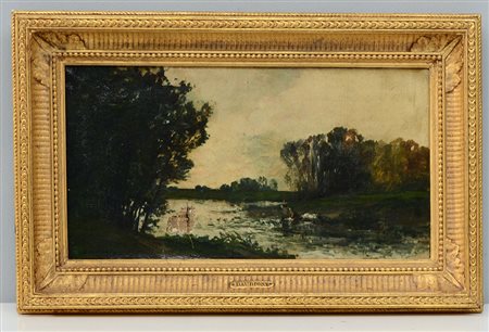 Charles Francois Daubigny (Parigi 1817 - 1878) "Paesaggio con fiume e figure"...