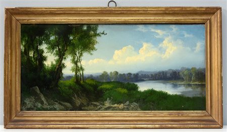 Scuola del sec. XIX "Paesaggio lacustre" 1844. Olio su cartone (cm 23x50)...