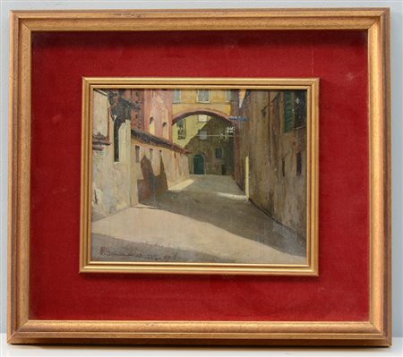 Firma indecifrata "Strada di paese" 1943. Olio su compensato (?) (cm 20x24)...