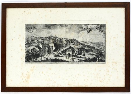 Incisione dall'antico raffigurante uno scorcio di Bergamo alta (cm 50x70) In...