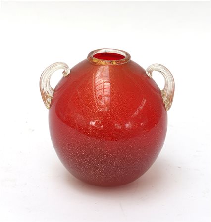 Manifattura di Murano Vaso biansato in vetro soffiato con applicazione di...