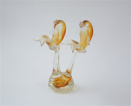 Manifattura di Murano "Delfini". Scultura in vetro massello incolore e...