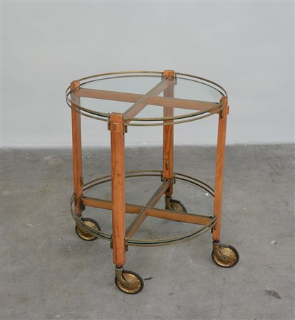 Carrello portavivande di forma circolare in legno massello e ottone, due...