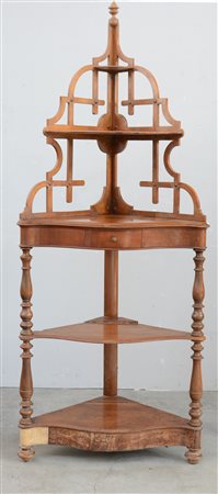 Étagère angolare con ripiani mossi in noce e piccolo cassetto, montanti...