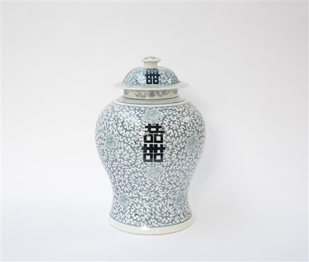 Manifattura cinese. Vaso con coperchio in porcellana bianca e blu decorato...
