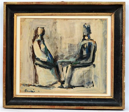 Ugo Recchi "Il re e la regina" olio su compensato (cm 35x40) Firmato in basso...