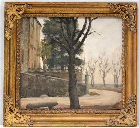 Firma indecifrata "Scorcio di casolare" olio su compensato (cm 22.5x26)...