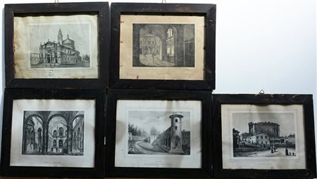Gruppo di cinque incisioni del sec. XIX raffiguranti scorci di città e chiese...