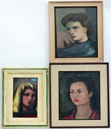 "Ritratti femminili" lotto di tre dipinti ad olio, misure diverse, firmati...
