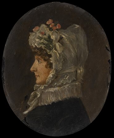 Scuola della fine del sec. XIX "Profilo di gentildonna con cuffia bianca...