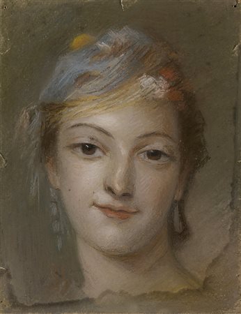 Scuola del sec. XIX "Ritratto di giovane fanciulla con cappello e fiori nei...