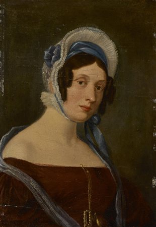 Scuola del sec. XIX "Ritratto di gentildonna in abito rosso" olio su...