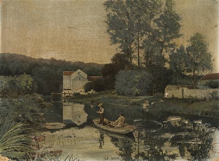 Oleografia su cartone con interventi a mano raffigurante paesaggio fluviale...