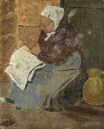 Firma indecifrata "Anziana che legge" olio su tavoletta (cm 28x23) In cornice...