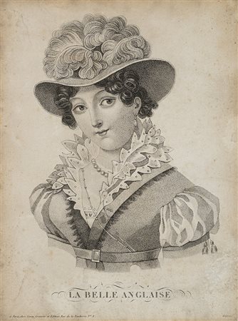 Litografia francese del sec. XIX raffigurante "la belle anglaise" (cm 32x23)...