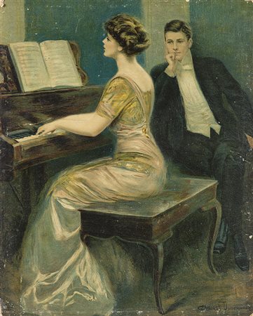 Riproduzione raffigurante una scena galante in un interno (cm 30x24) In...