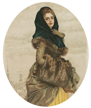 Incisione a colori del sec. XIX raffigurante un ritratto di donna con città...