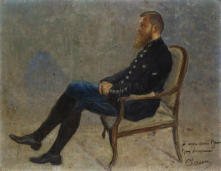 Firma indecifrata, inizio sec. XX "Ritratto di soldato seduto" olio su...