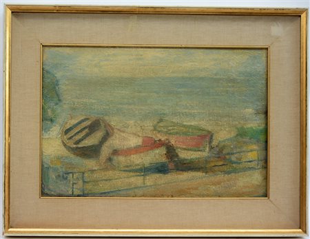 Ignoto inizio sec. XX "Barche a riva" olio su tela (cm 35x53) in cornice...